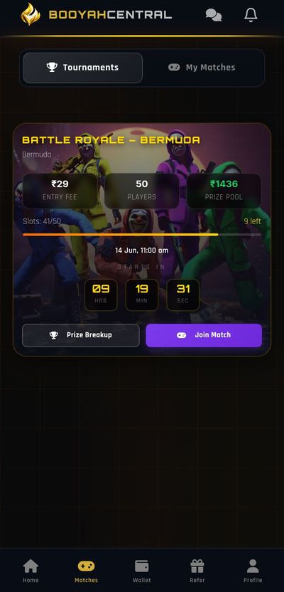 Booyah Central Matches Screen — Browse tournaments with real-time prize pools