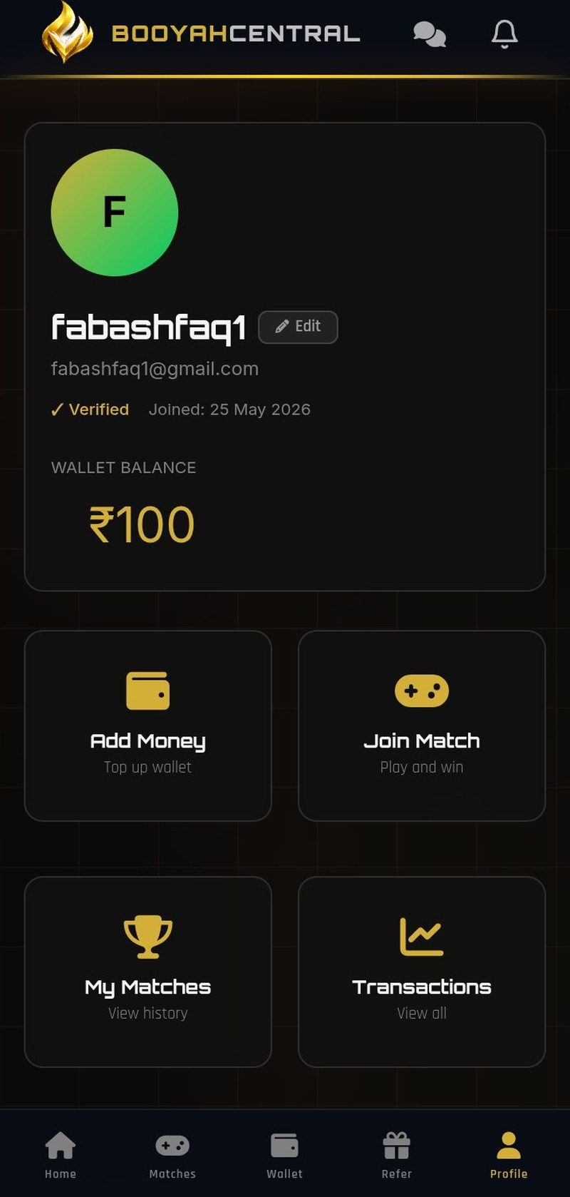 Booyah Central Profile Screen — Track wallet balance and match history