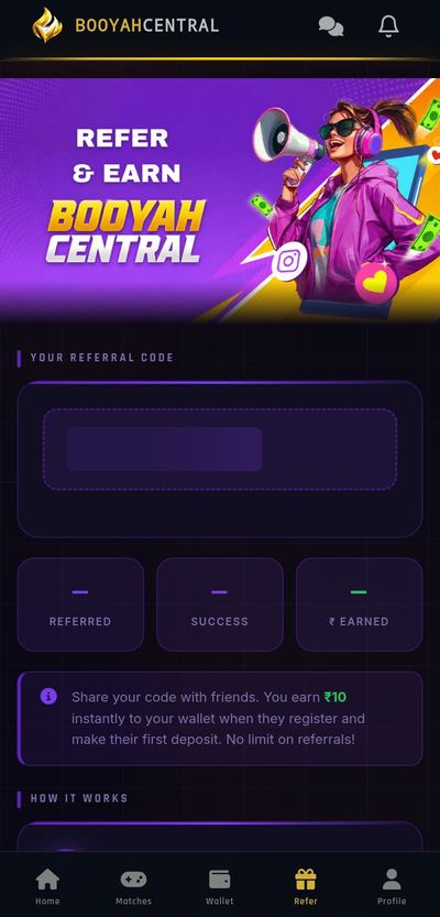 Booyah Central Refer Screen — Earn ₹10 per referral